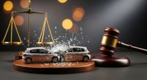 Car accident legal action: scales of justice, gavel, and collision scene Two cars colliding with scales of justice and a gavel representing personal injury auto accident litigation